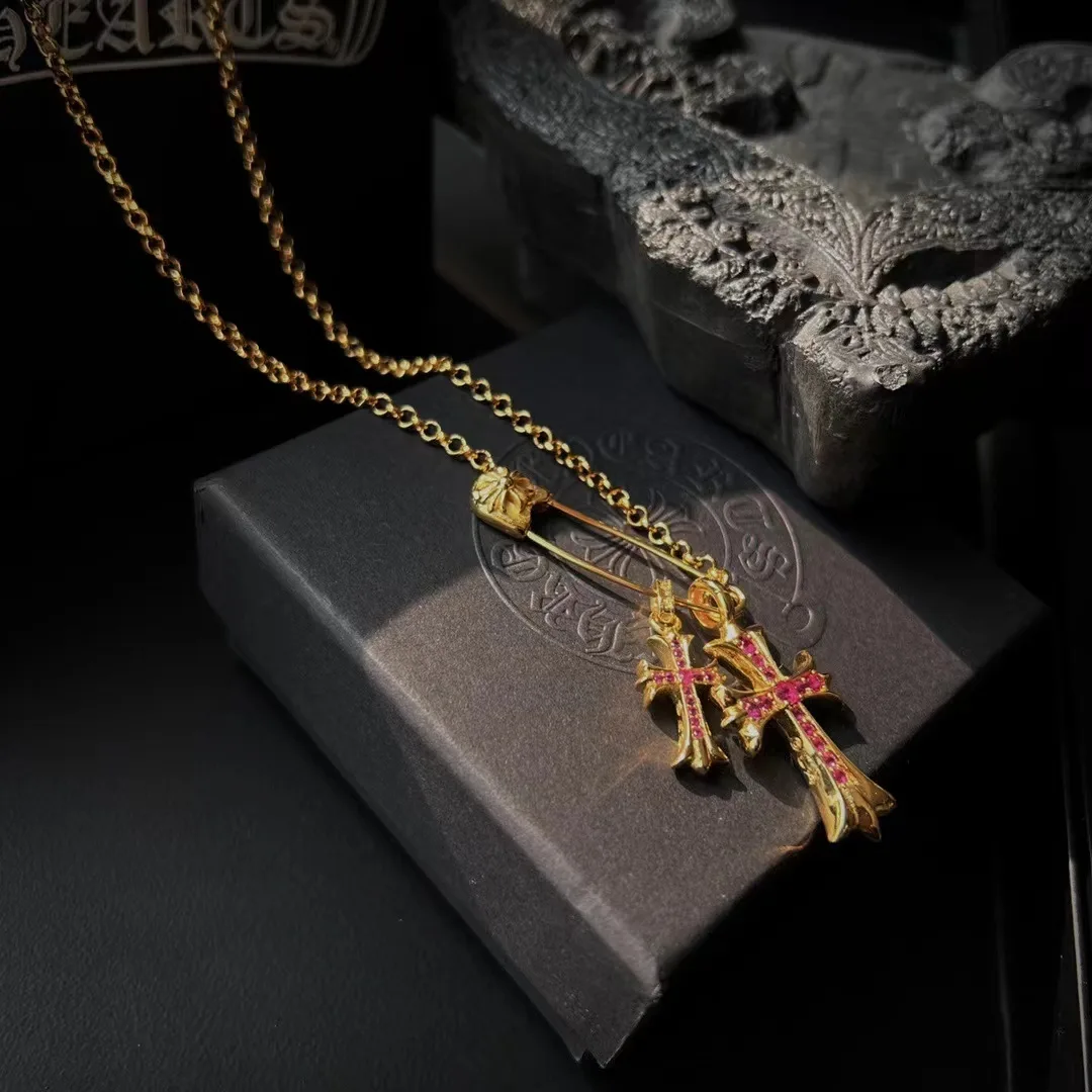 Dual Cross Safety Pin Charm Necklace 55cm